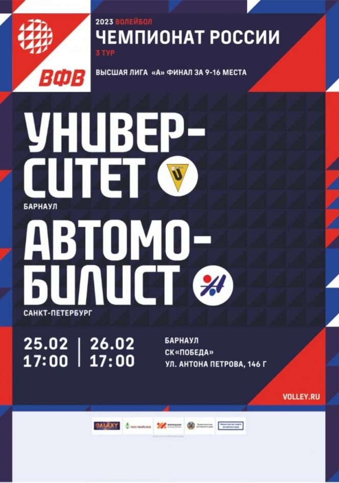 25-26 февраля. Барнаул. СК «Победа». Чемпионат России. Мужчины. Высшая лига «А». Финальный турнир за 9-16 места. 3-й тур. «Университет» (Барнаул) – «Автомобилист» (Санкт-Петербург)