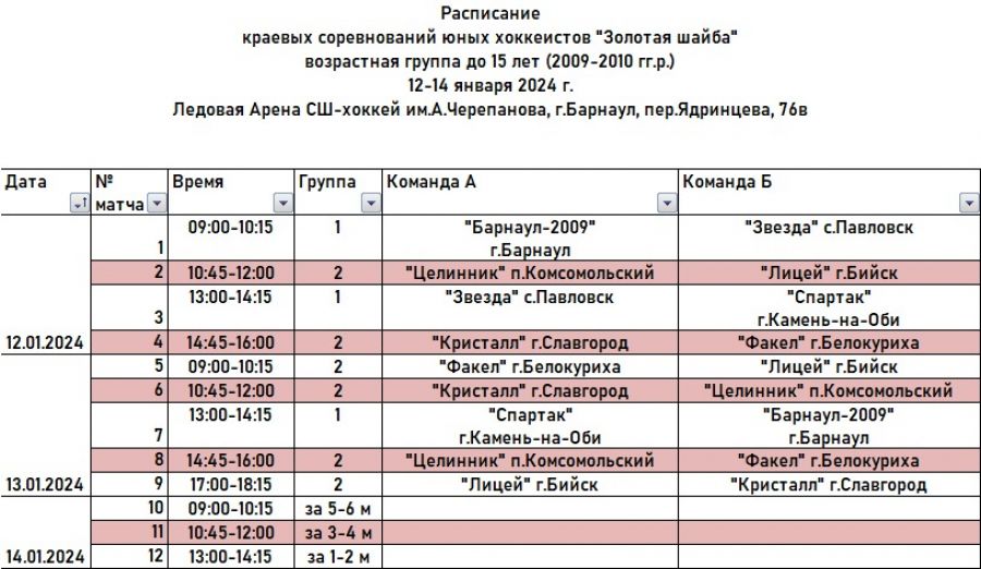 12-14 января. Барнаул. СШ имени Черепанова. Краевой турнир «Золотая шайба» среди команд юношей до 15 лет