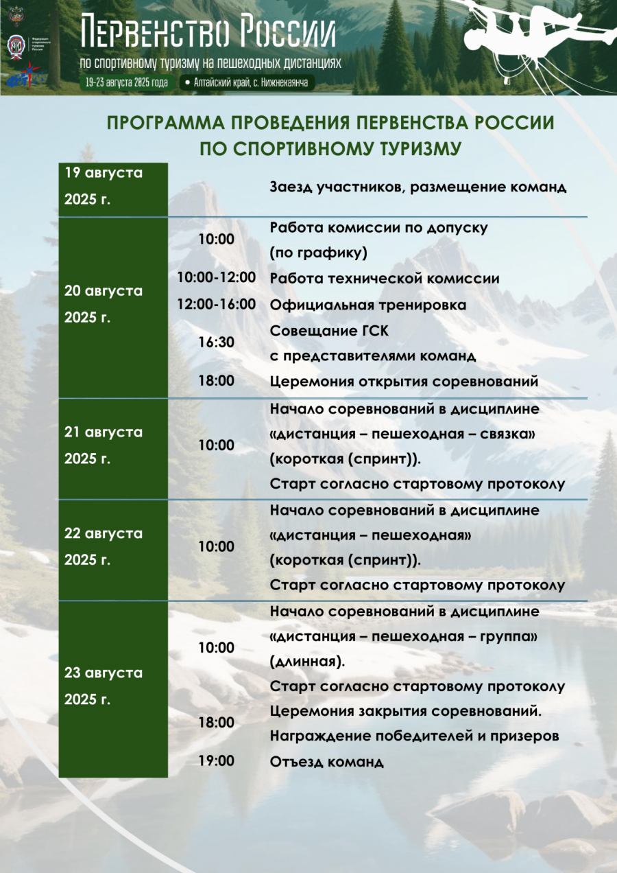 20-28 августа. Алтайский район, с. Нижнекаянча. Первенство и чемпионат России по спортивному туризму на пешеходных дистанциях