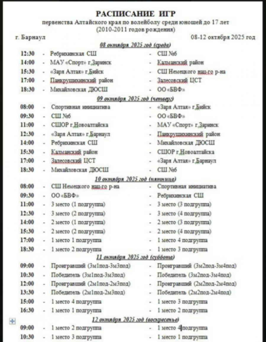 8-12 октября. Барнаул. ФОК Краевой СШОР. Первенство Алтайского края среди юношей до 17 лет