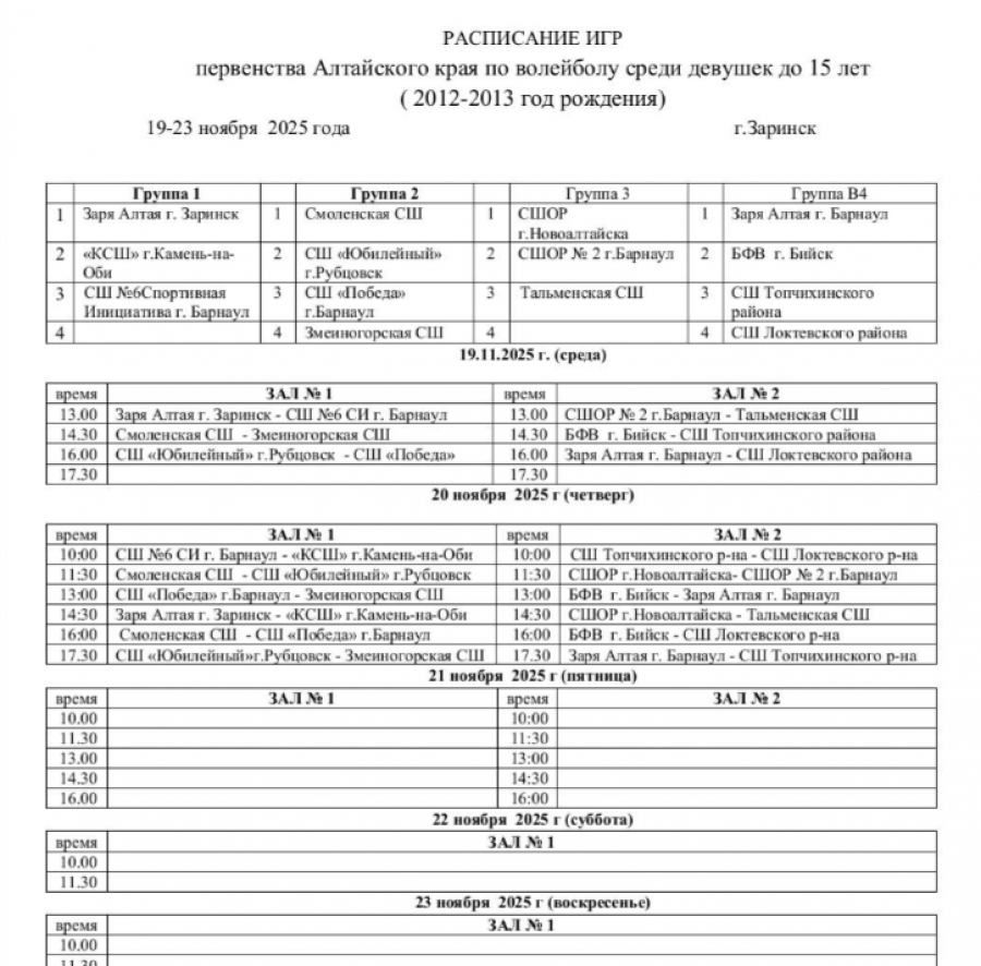 19-23 ноября. Заринск. МАУ «Спорт». Первенство Алтайского края среди девушек до 15 лет