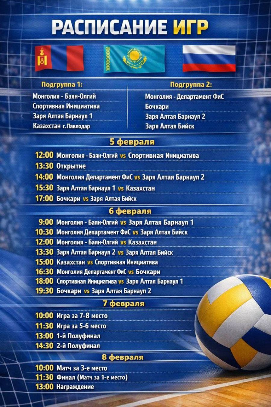 5-8 февраля. Бочкари. СК «Спорт лайф». Международный турнир среди юношей до 16 лет, посвященный Дню рождения волейбола