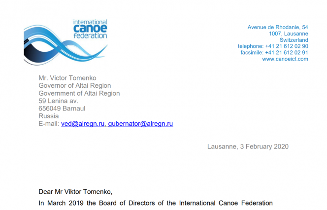 Генеральный секретарь ICF в письме губернатору края Виктору Томенко подтвердил, что барнаульский этап Кубка мира-2021 отменён не будет