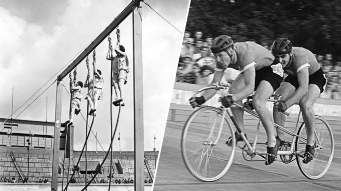 Французские гимнастки принимают участие в соревнованиях по лазанию по канату в Амстердаме / Чемпионы СССР в гонке на тандемах москвичи Борис Васильев и Ростислав Варгашкин. Фото: Underwood Archives/Getty Images; Леонид Доренский/РИА Новости