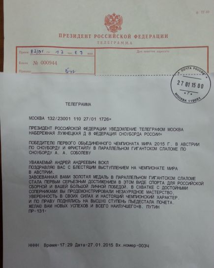 Президент РФ Владимир Путин поздравил сноубордиста Андрея Соболева с победой на чемпионате мира.